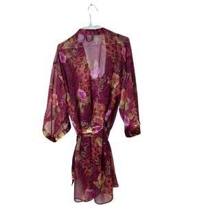 Sophia By Delicates 3 Pc Robe Nightgown Pant Set Red Floral Knee Length Sz M